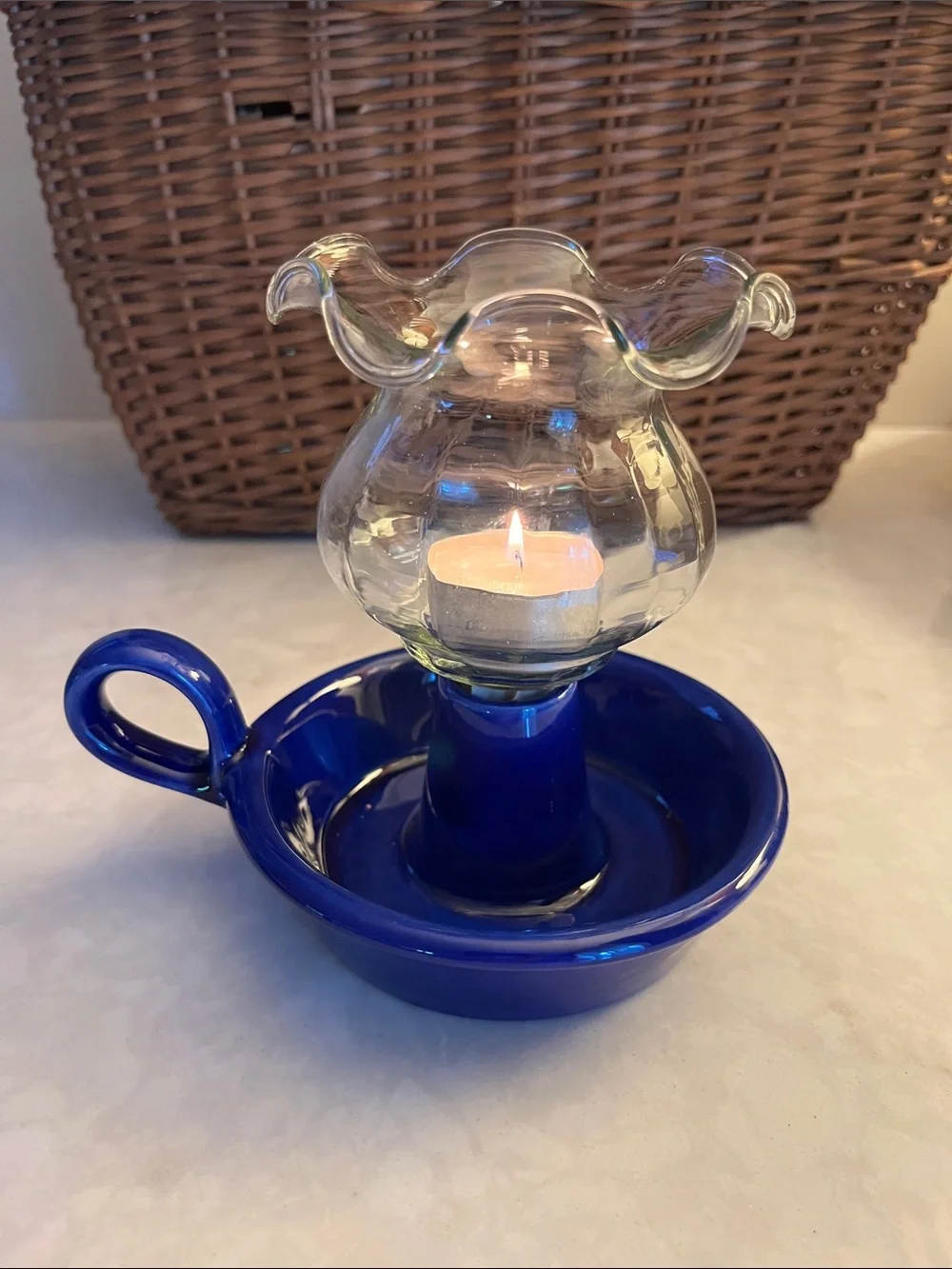 Vintage ceramic chamber stick Candle Holder with peg votive cup shade cobalt blu